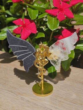 Lovers Devil & Angel Wings Crystal Statue — Black Obsidian & Clear Quartz